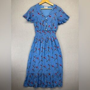 Anthropologie Kindred Midi Floral Embroidered Blue Dress Ruffles Cottagecore Med